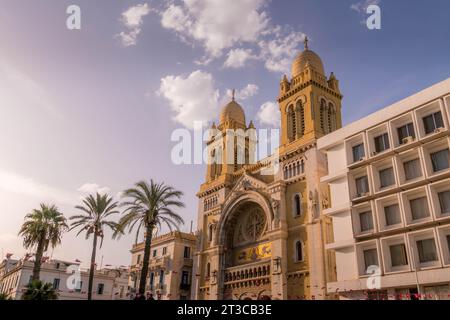 Das Gebäude der Kathedrale Saint Vincent de Paul (römisch-katholische Kirche) und die Palmen auf der Habib Bourguiba Avenue während des Sonnenuntergangs in Tunis. Stockfoto