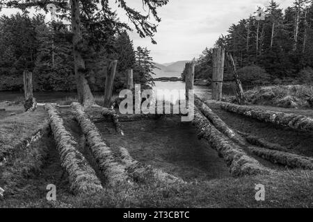 Überreste eines Langhauses im UNESCO-Weltkulturerbe Sgang Gwaay Llnagaay, einem alten Dorf im Gwaii Haanas Nationalpark Reserve, Haida Gwaii, B Stockfoto