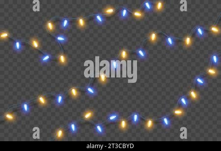 Elektrische Girlanden mit gelben und blauen Glühbirnen. Weihnachtsbeleuchtung isoliert auf transparentem Hintergrund. Weihnachtsdekoration mit leuchtenden Lichtern Stock Vektor