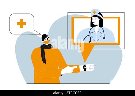 Ein junger kranker Mann spricht mit einer Projektion einer Krankenschwester, die in einem Videoanruf von einem Armband erscheint. Stock Vektor