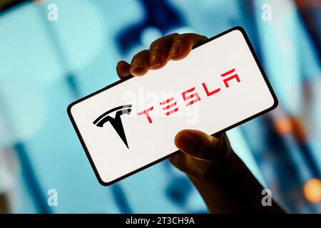 In dieser Abbildung wird das Tesla-Logo auf einem Smartphone-Bildschirm angezeigt. Stockfoto