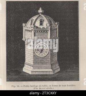 Les Arts de l'Ameublement : L'Horlogerie , Paris , Librairie CH. Delagrave. /Antikes französisches Buch aus dem 19. Jahrhundert / Abb. 56.- Petite horloge de table, en forme de Tour fortiliée / kleine Tischuhr in Form eines vertieften Turms Stockfoto