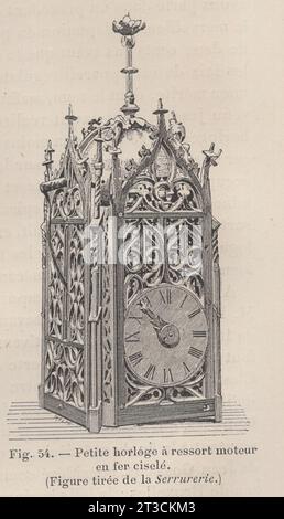 Les Arts de l'Ameublement : L'Horlogerie , Paris , Librairie CH. Delagrave. /Antikes französisches Buch aus dem 19. Jahrhundert / Fig. 54.- Petite horloge á ressort moteur en fer ciselé (Figure tirée de la Serrurerie) / kleine motorisierte Federuhr aus Eisen aus Serrurerie Stockfoto