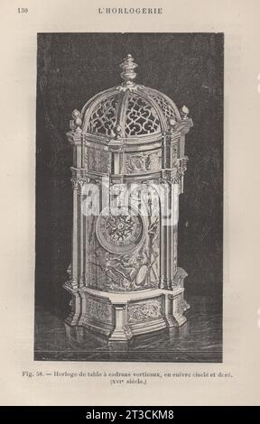 Les Arts de l'Ameublement : L'Horlogerie , Paris , Librairie CH. Delagrave. /Antikes französisches Buch aus dem 19. Jahrhundert / Fig. 58.- Horloge de table á cadrans verticaux, en cuivre ciselé et doré (XVI. Siécle) / Tischuhr mit vertikalen Zifferblättern, aus gejagtem und vergoldetem Kupfer aus dem 16. Jahrhundert Stockfoto