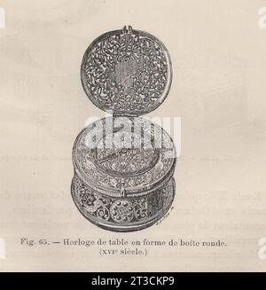 Les Arts de l'Ameublement : L'Horlogerie , Paris , Librairie CH. Delagrave. /Antikes französisches Buch aus dem 19. Jahrhundert / Fig. 65.- Horloge de table en forme de boite ronde ( XVI siécle ) / Tischuhr in Form eines runden Kastens ( XVI Jahrhundert ) / 16. Jahrhundert Tischuhr / 16. Jahrhundert französische Tischuhr Stockfoto