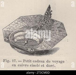 Les Arts de l'Ameublement : L'Horlogerie , Paris , Librairie CH. Delagrave. /Antikes französisches Buch aus dem 19. Jahrhundert / Fig. 17.- Petit cadran de voyage en cuivre ciselé et doré / kleines Reisezifferblatt aus gejagtem und vergoldetem Kupfer Stockfoto