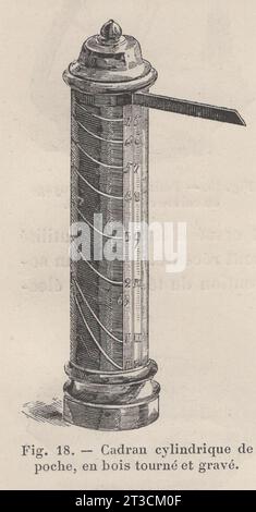 Les Arts de l'Ameublement : L'Horlogerie , Paris , Librairie CH. Delagrave. /Antikes französisches Buch aus dem 19. Jahrhundert / Fig. 18.- Cadran zylindrique de poche, en bois tourné et gravé / zylindrisches Taschenzifferblatt aus gedrehtem und graviertem Holz / Zifferblatt aus antikem graviertem Holz Zylindrisches Taschenzifferblatt / Stockfoto