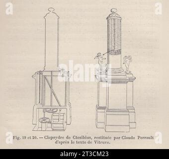 Les Arts de l'Ameublement : L'Horlogerie , Paris , Librairie CH. Delagrave. /Antikes französisches Buch aus dem 19. Jahrhundert / Abb. 19 und 20. - Clepsydre de Ctesibius, restituée par Claude Perrault d'aprés le texte de Vitruve / Clepsydra von Ctesibius, restauriert von Claude Perrault aus dem Text von Vitruv / Ctesibius / Ktesibios / Tesibius / Wasseruhr Stockfoto