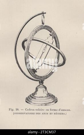 Les Arts de l'Ameublement : L'Horlogerie , Paris , Librairie CH. Delagrave. /Antikes französisches Buch aus dem 19. Jahrhundert / Fig. 28.- Cadran solaire en forme d'anneau (Conservatorie des Arts et métiers) / ringförmige Sonnenuhr / Ring Sonnenuhr / antikes dekoratives Ring Sonnenuhr / Wintergarten für Kunst und Handwerk Stockfoto