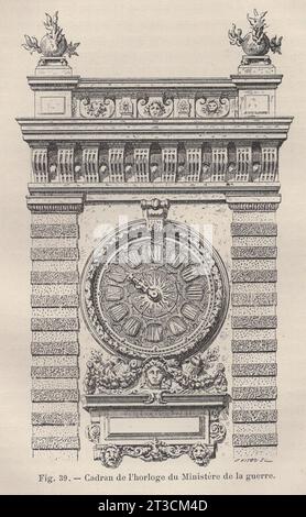 Les Arts de l'Ameublement : L'Horlogerie , Paris , Librairie CH. Delagrave. /Antikes französisches Buch aus dem 19. Jahrhundert / Fig. 39.- Cadran de l'horloge du Ministére de la guerre / Uhr des Kriegsministeriums / Zifferblatt des Kriegsministeriums Uhr Stockfoto