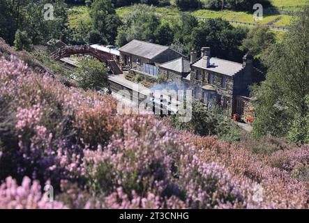 Pretty Goathland Station an der beliebten North Yorkshire Moors Railway Line, im Spätsommer Sonnenschein, Großbritannien Stockfoto