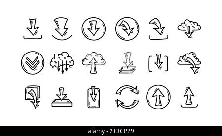 Download und Upload der Datei Doodle-Symbole. Schaltflächen der Benutzeroberfläche für handgezeichnete Skizzen. Cloud Data Server-Technologie. Pfeilsymbol für digitale Speicherung Stock Vektor