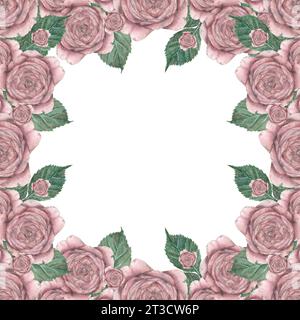 Quadratische Postkarte, Rahmen mit einem nahtlosen Muster aus rosa Rosen in verschiedenen Größen und grünen Blättern, auf weißem Hintergrund. Aquarellabbildung Stockfoto
