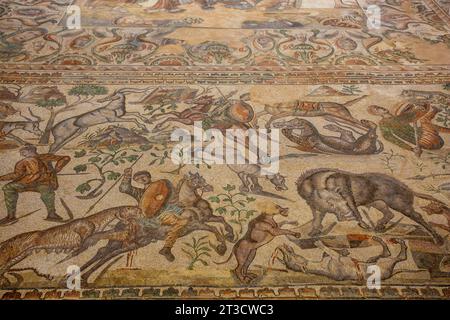 Römische Mosaike in der Villa Romana La Olmeda in der Nähe von Saldana im Nordwesten Spaniens Stockfoto