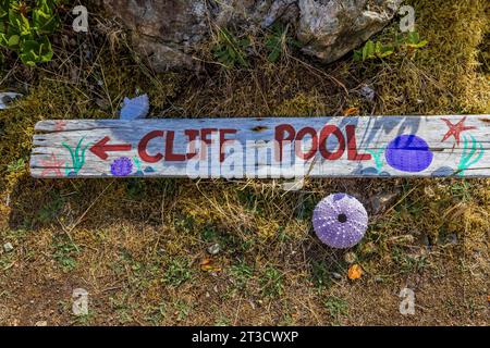 Schild für Cliff Pool, eine heiße Quelle auf Gandll K'in Gwaay.yaay, auch bekannt als Hotspring Island), im Gwaii Haanas National Park Reserve, Haida Gwaii, British Columb Stockfoto