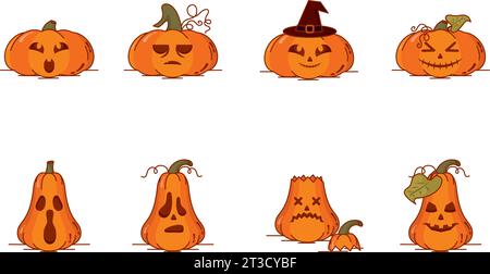 Set von gruseligen geschnitzten halloween Kürbis Ikonen Vektor Stock Vektor