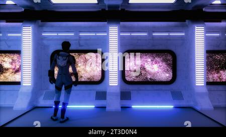 Ein Astronaut schaut aus dem Fenster ihrer Raumstation (3D-Rendering) Stockfoto