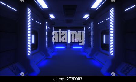 Das Innere einer Raumstation mit Blick nach außen (3D-Rendering) Stockfoto