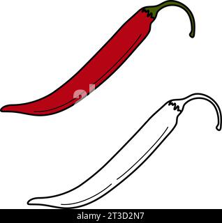 Vektorsatz von 2 Chilischoten Bild handgezeichnet Umrisse und Farbzeichnung. Mexikanisches Essen. Cinco de Mayo. Aufkleber. Symbol. Isolieren. Design für Poster, Banner, Broschüre oder Karte, Preis, Etikett, Hintergrundbild, Web Stock Vektor