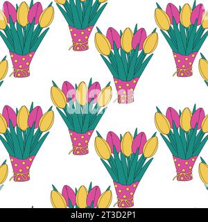 Nahtloses Muster aus farbenfrohem Tulpenstrauß in Geschenkpapier in trendigen hellen Rosa- und Gelbtönen. Isolieren. EPS. Vektor für Verpackung, Textil, Druck oder Karten Poster, Banner, Broschüren, Etiketten oder Web Stock Vektor