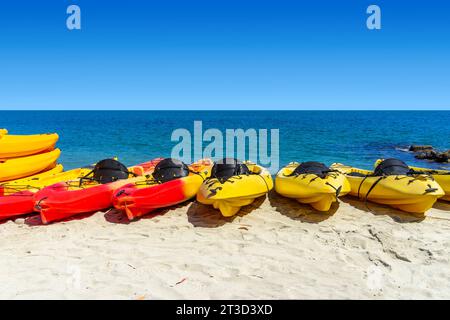 Rote und gelbe Kajaks am Strand mit Meer und Himmel im Hintergrund Stockfoto