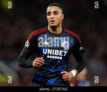 MANCHESTER, GROSSBRITANNIEN. Oktober 2023. Elias Achouri vom FC Kopenhagen während des UEFA Champions League-Spiels in Old Trafford, Manchester. Der Bildnachweis sollte lauten: Andrew Yates/Sportimage Credit: Sportimage Ltd/Alamy Live News Stockfoto