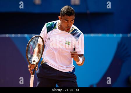 Santiago, Brasilien. Oktober 2023. CHILE - SANTIAGO - 10/24/2023 - PANAMERIKANISCHE SPIELE SANTIAGO 2023, TENNIS - der brasilianische Athlet Thiago Monteiro feierte den 2x0-Sieg über den peruanischen Tennisspieler Conner Del Pino in Runde 32, spielte im Tennis Sports Center während der Pan Games - Americano Santiago 2023. Foto: Gabriel Heusi/AGIF Credit: AGIF/Alamy Live News Stockfoto
