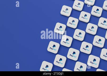 LONDON, Großbritannien – Oktober 2023: Firmenlogo des Online-Zahlungsdienstleisters PayPal. 3D-Rendering Stockfoto