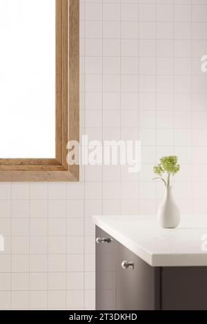 Küche, Badezimmer, weiße Fliesen, Waschbecken, Fensterrahmen mit Sonnenlicht. 3D-Rendering. Stockfoto