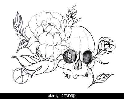 Tätowierkunst Schädel- und Blumenkunst und Zeichnung schwarz-weiß. Zuckerschädel mit dekorativem Muster und einem Kranz aus roten Rosen. . Hohe Qualität krank Stockfoto