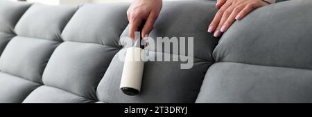 Junge Frau putzt mit der Hand graues Sofa mit einem Fusselroller Stockfoto