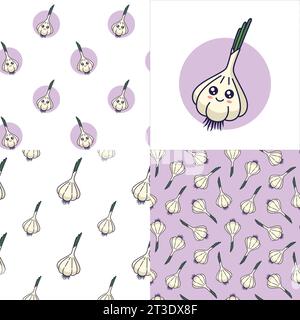 Set mit süßen Kawaii-Knoblauchmustern. Flaches Symbol für Lebensmittel Gemüse. Nahtloses Cartoon-Knoblauch-Muster, Doodle-Stil. Handgezeichnete Vektorgrafik. Muster Stock Vektor