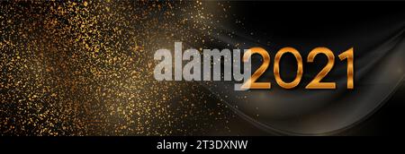 Heller goldener und schwarzer abstrakter Neujahrshintergrund 2021 mit funkelndem Staub und glatten Wellen. Vektorbanner-Design Stock Vektor