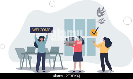 Aufnahme und Einstieg in das Team als Begrüßung neuer Mitarbeiter. Begrüßungen und Begrüßungsprozess im Unternehmen. Stock Vektor