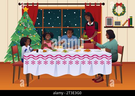 Eine Vektor-Illustration einer afroamerikanischen Familie, die Weihnachten zu Abend isst Stock Vektor