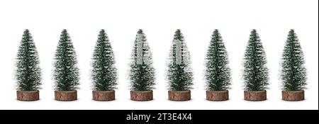 Mini-Weihnachtsbäume in einer Reihe isoliert auf weißem Hintergrund. Stockfoto
