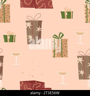 Nahtloses Vektor-Muster mit Geschenken und Champagner. Niedliche handgezeichnete Geschenkboxen für die Winterferien. Als Geschenk auf Stoff oder Papier für Freunde und Stock Vektor