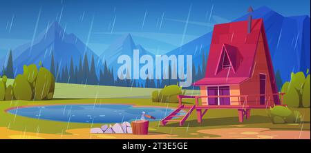 Hütte auf Stelzen in der Nähe von Seeboot-Vektor. Regenszene mit Waldhaus und Bergblick. Sommerbauhütte bei regnerischem Wetter und Natur. Axt und Stumpf in der Nähe einer Holzhütte Stock Vektor