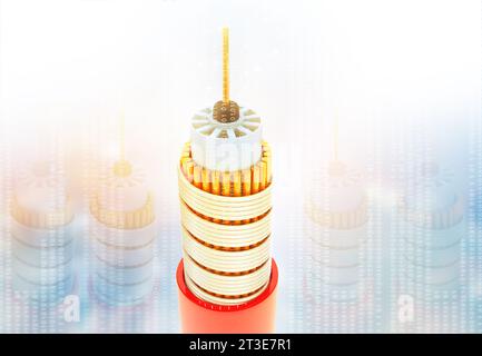 Glasfaserkabel über futuristischem technologischen Hintergrund. 3D-Abbildung Stockfoto