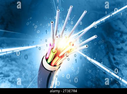 Glasfaserkabel über futuristischem technologischen Hintergrund. 3D-Abbildung Stockfoto
