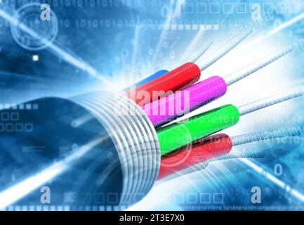 Glasfaserkabel über futuristischem technologischen Hintergrund. 3D-Abbildung Stockfoto