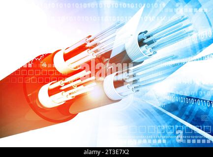 Glasfaserkabel über futuristischem technologischen Hintergrund. 3D-Abbildung Stockfoto