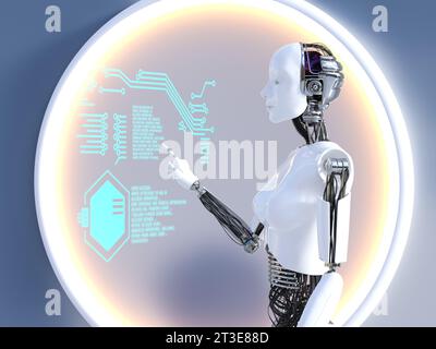 3D-Rendering eines Roboters, der auf einem transparenten digitalen Touchscreen arbeitet, der in der Luft schwimmt. Futuristisches Konzept. Stockfoto