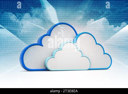 Cloud-Computing. Cloud-Technologie, Cloud-Server über futuristischem technologischen Hintergrund.3d-Abbildung Stockfoto