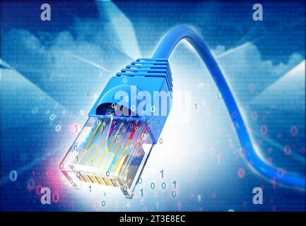 Netzwerkkabel über futuristischem technologischen Hintergrund. 3D-Abbildung Stockfoto