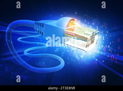 Netzwerkkabel über futuristischem technologischen Hintergrund. 3D-Abbildung Stockfoto