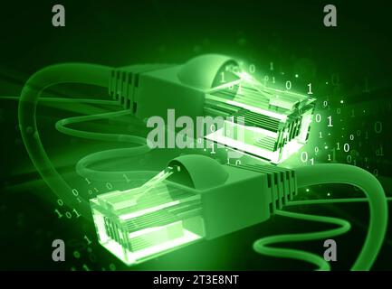 Netzwerkkabel über futuristischem technologischen Hintergrund. 3D-Abbildung Stockfoto
