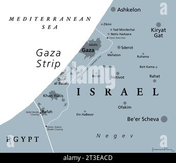 Der Gazastreifen und die Umgebung, graue politische Karte. Gaza, ein selbstverwaltetes palästinensisches Gebiet und ein schmales Stück Land. Stockfoto