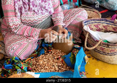 Ourika Valley, Marokko – 16. September 2022: Frauen arbeiten in einer Genossenschaft zur Herstellung von Arganfrüchten. Sie benutzen kleine Steine, um die Früchte aufzubrechen Stockfoto