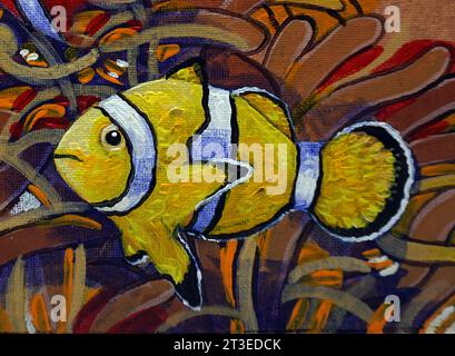 Original Art Gemälde Ölfarbe Clown Fisch, nemo Fisch, Anemonfische Stockfoto